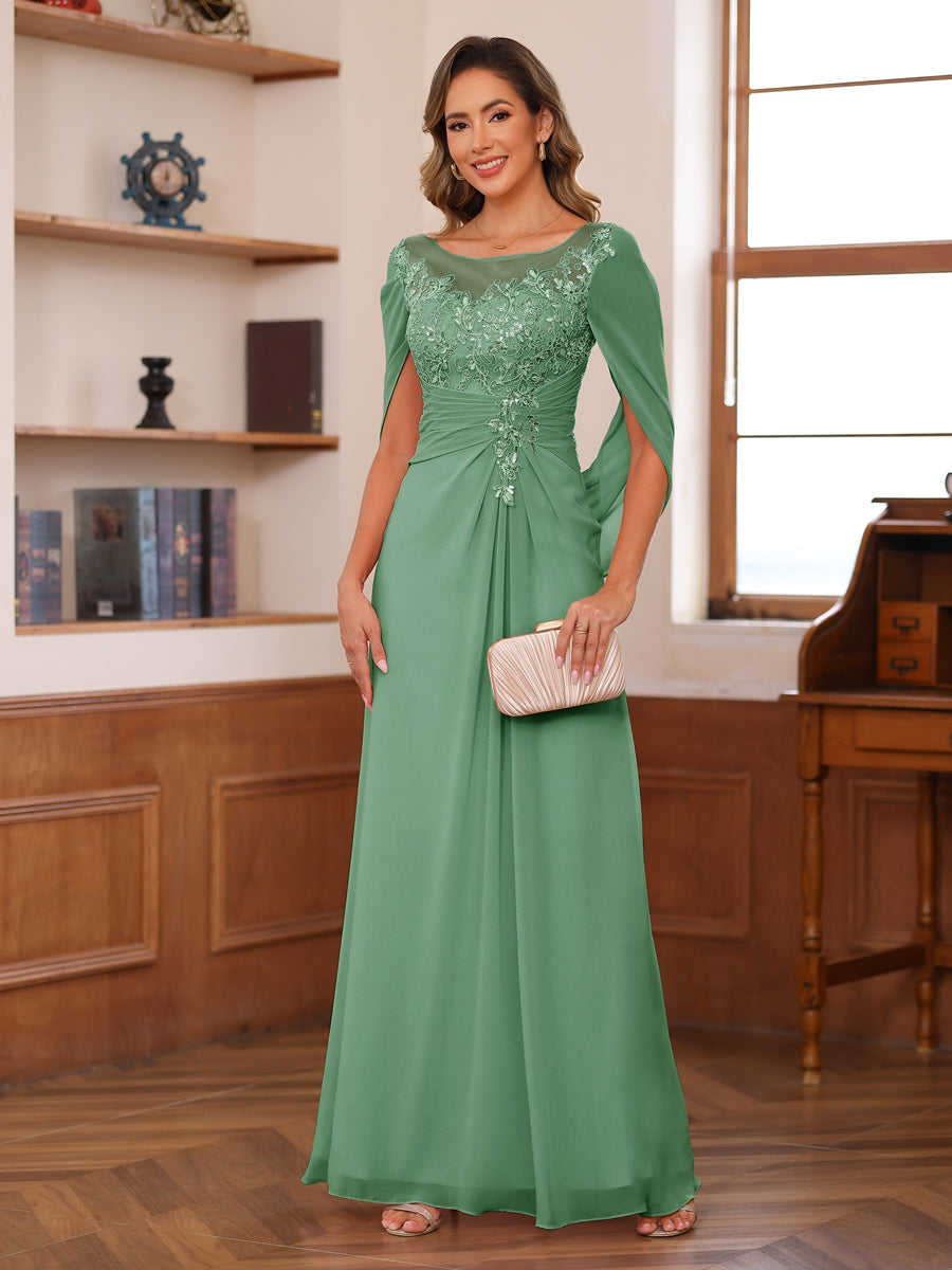 A-Line/Princess Illusion Scoop Appliques Ruched Mother of the Bride Dresses with Cape