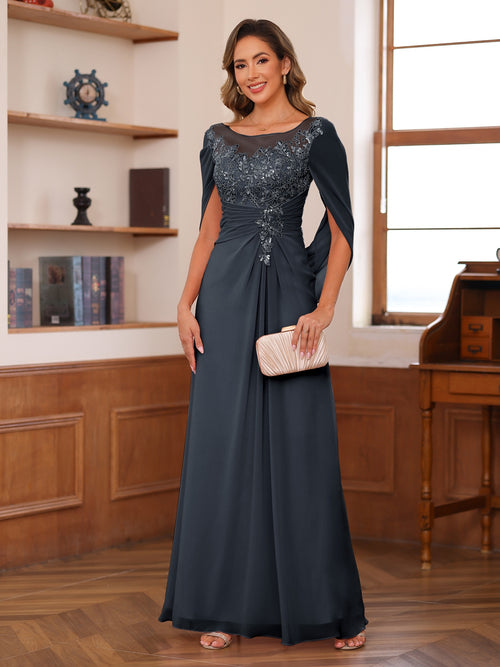 A-Line/Princess Illusion Scoop Appliques Ruched Mother of the Bride Dresses with Cape