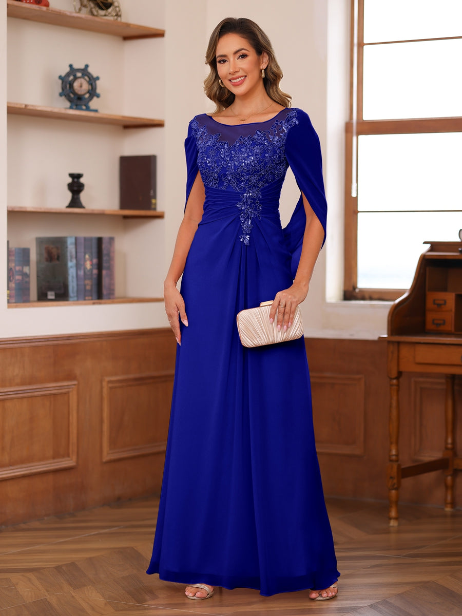 A-Line/Princess Illusion Scoop Appliques Ruched Mother of the Bride Dresses with Cape