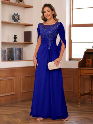 A-Line/Princess Illusion Scoop Appliques Ruched Mother of the Bride Dresses with Cape