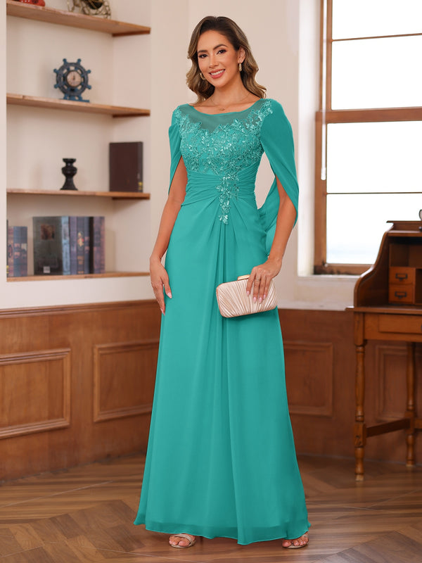 A-Line/Princess Illusion Scoop Appliques Ruched Mother of the Bride Dresses with Cape