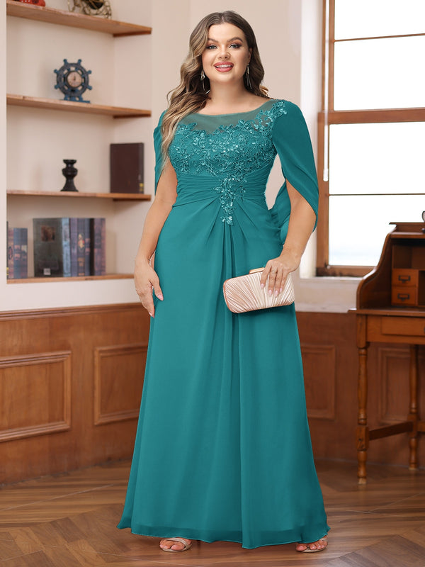 A-Line/Princess Illusion Scoop Appliques Ruched Plus Size Mother of the Bride Dresses with Cape