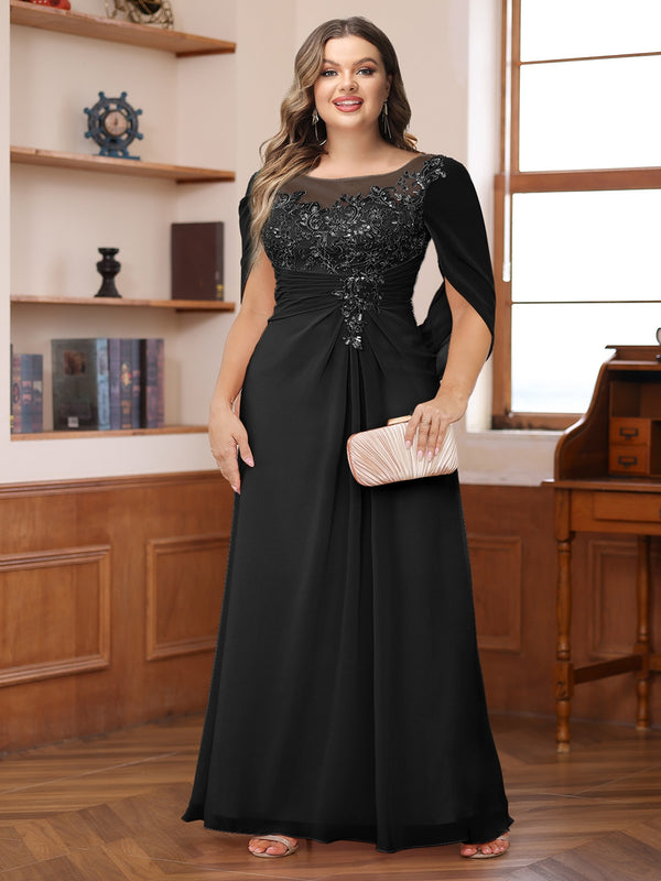A-Line/Princess Illusion Scoop Appliques Ruched Plus Size Mother of the Bride Dresses with Cape