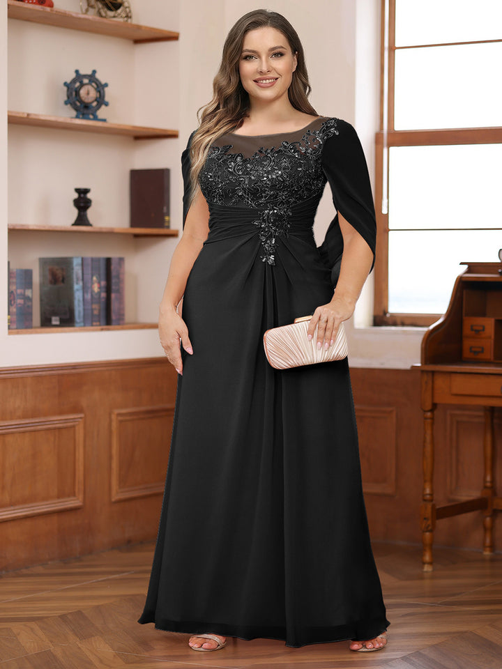 A-Line/Princess Illusion Scoop Appliques Ruched Plus Size Mother of the Bride Dresses with Cape