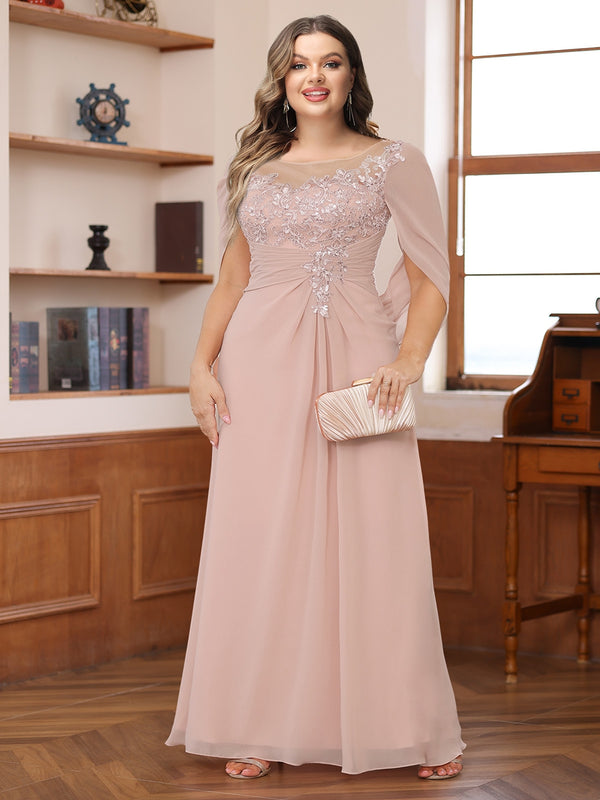 A-Line/Princess Illusion Scoop Appliques Ruched Plus Size Mother of the Bride Dresses with Cape
