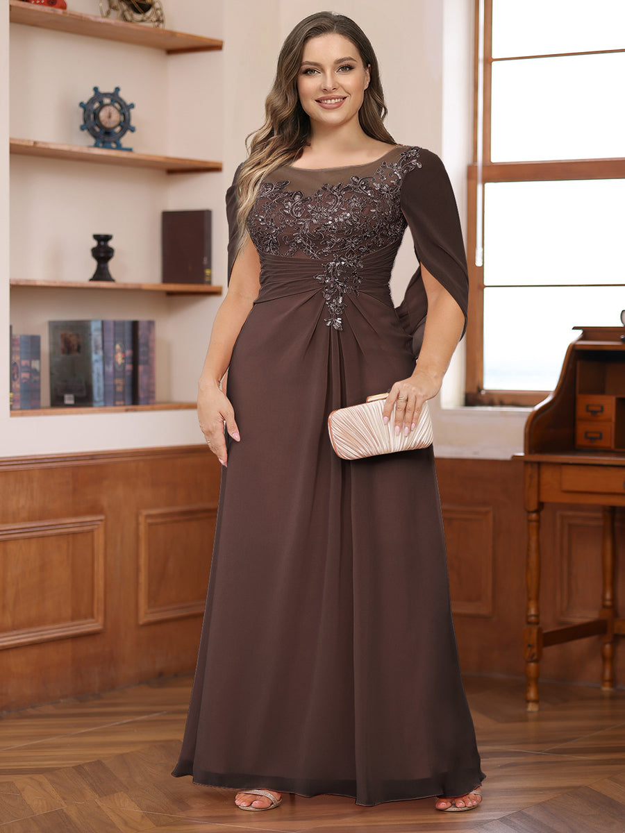 Lavetir Brown A-Line/Princess Illusion Scoop Appliques Ruched Plus Size Mother of the Bride Dresses with Cape 2026