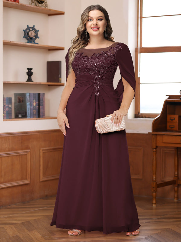 A-Line/Princess Illusion Scoop Appliques Ruched Plus Size Mother of the Bride Dresses with Cape