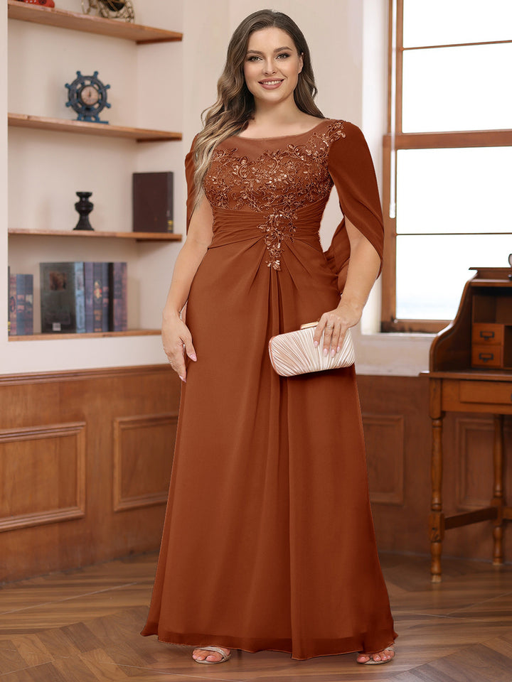 A-Line/Princess Illusion Scoop Appliques Ruched Plus Size Mother of the Bride Dresses with Cape
