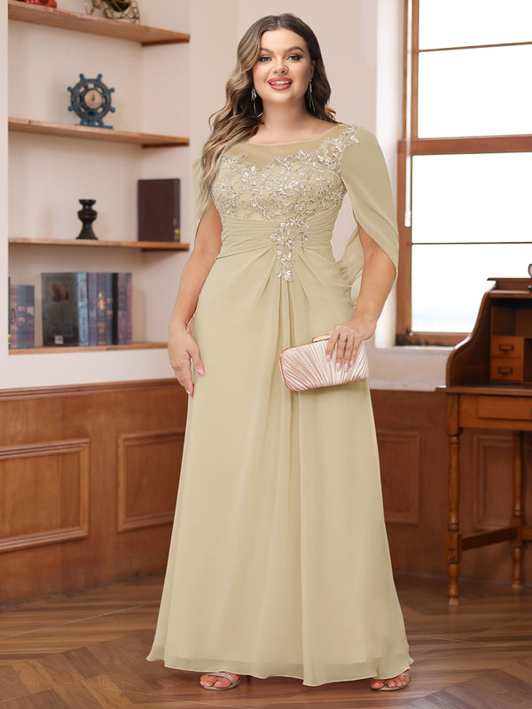 A-Line/Princess Illusion Scoop Appliques Ruched Plus Size Mother of the Bride Dresses with Cape