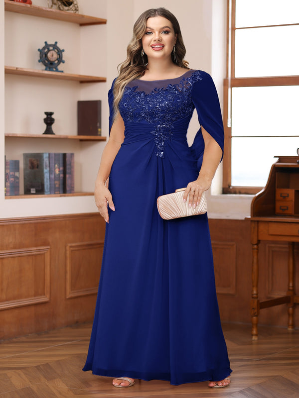 A-Line/Princess Illusion Scoop Appliques Ruched Plus Size Mother of the Bride Dresses with Cape