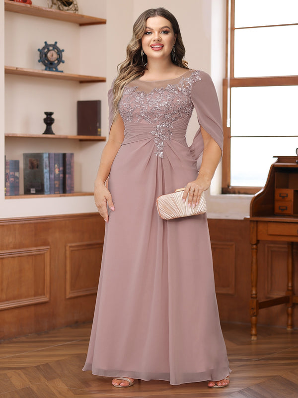 A-Line/Princess Illusion Scoop Appliques Ruched Plus Size Mother of the Bride Dresses with Cape