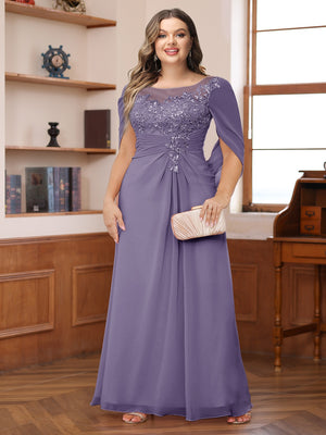 A-Line/Princess Illusion Scoop Appliques Ruched Plus Size Mother of the Bride Dresses with Cape