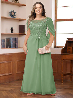A-Line/Princess Illusion Scoop Appliques Ruched Plus Size Mother of the Bride Dresses with Cape