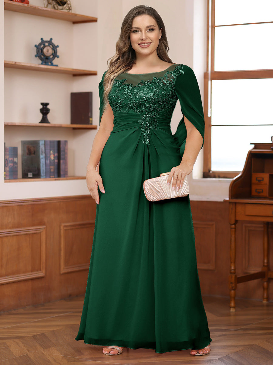 A-Line/Princess Illusion Scoop Appliques Ruched Plus Size Mother of the Bride Dresses with Cape
