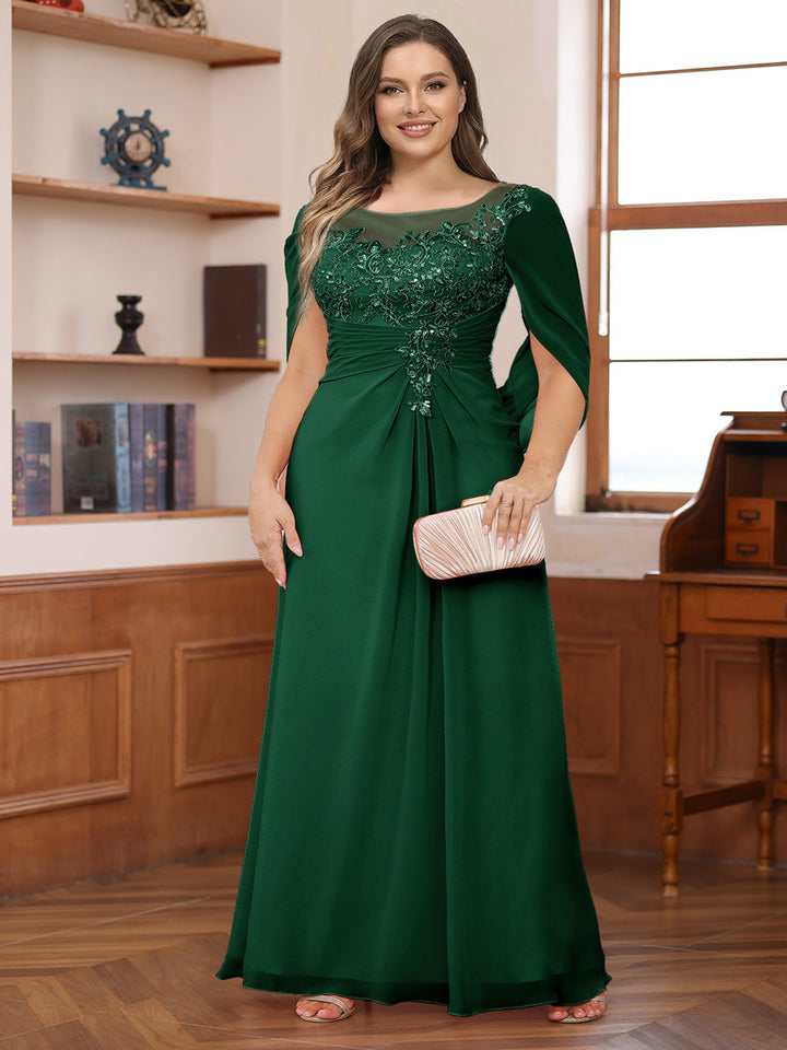 A-Line/Princess Illusion Scoop Appliques Ruched Plus Size Mother of the Bride Dresses with Cape