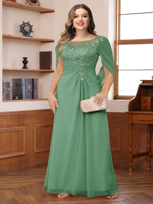 A-Line/Princess Illusion Scoop Appliques Ruched Plus Size Mother of the Bride Dresses with Cape