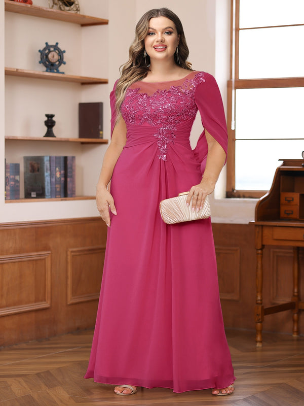 A-Line/Princess Illusion Scoop Appliques Ruched Plus Size Mother of the Bride Dresses with Cape