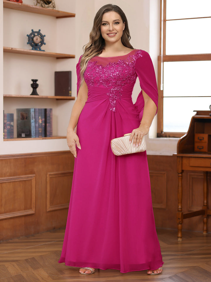 A-Line/Princess Illusion Scoop Appliques Ruched Plus Size Mother of the Bride Dresses with Cape