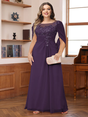 A-Line/Princess Illusion Scoop Appliques Ruched Plus Size Mother of the Bride Dresses with Cape