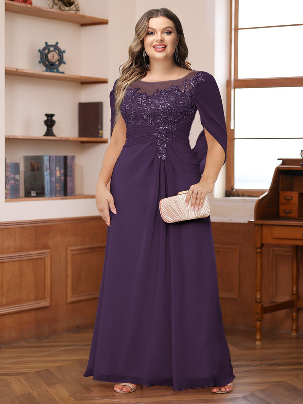 A-Line/Princess Illusion Scoop Appliques Ruched Plus Size Mother of the Bride Dresses with Cape