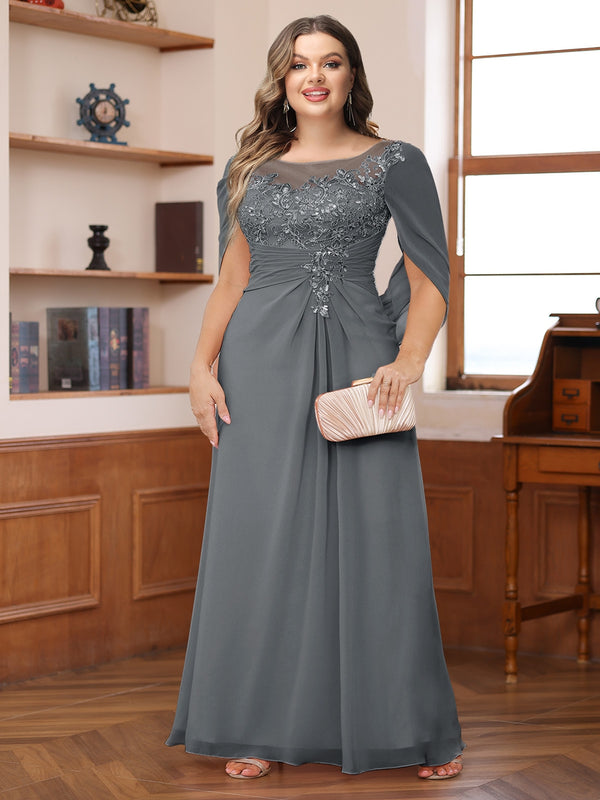 A-Line/Princess Illusion Scoop Appliques Ruched Plus Size Mother of the Bride Dresses with Cape