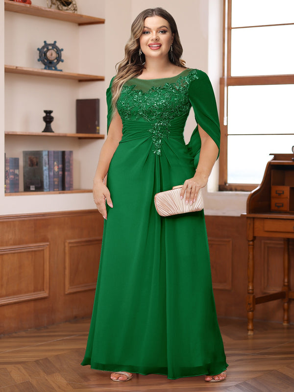 A-Line/Princess Illusion Scoop Appliques Ruched Plus Size Mother of the Bride Dresses with Cape