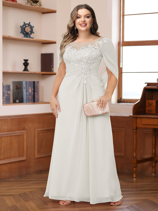 A-Line/Princess Illusion Scoop Appliques Ruched Plus Size Mother of the Bride Dresses with Cape