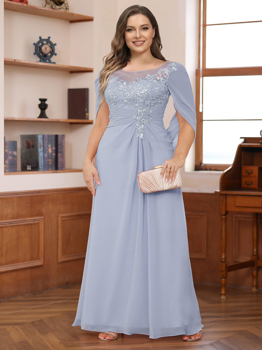 A-Line/Princess Illusion Scoop Appliques Ruched Plus Size Mother of the Bride Dresses with Cape