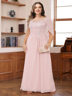 A-Line/Princess Illusion Scoop Appliques Ruched Plus Size Mother of the Bride Dresses with Cape