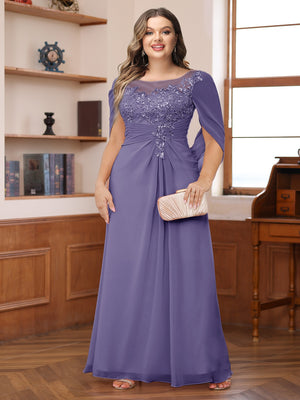 A-Line/Princess Illusion Scoop Appliques Ruched Plus Size Mother of the Bride Dresses with Cape