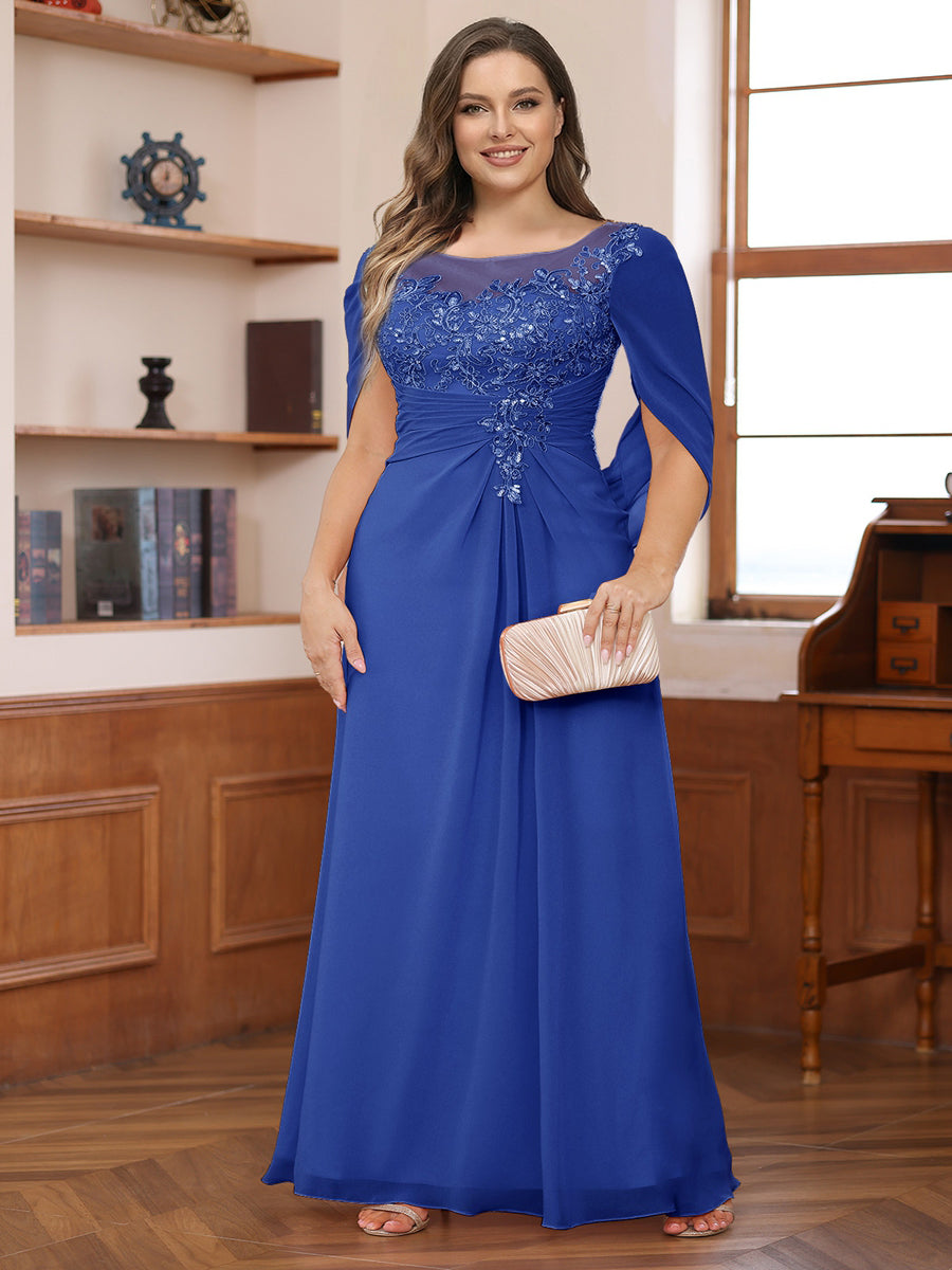 A-Line/Princess Illusion Scoop Appliques Ruched Plus Size Mother of the Bride Dresses with Cape
