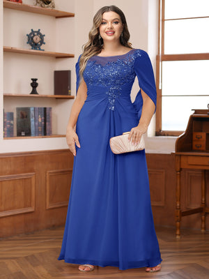 A-Line/Princess Illusion Scoop Appliques Ruched Plus Size Mother of the Bride Dresses with Cape