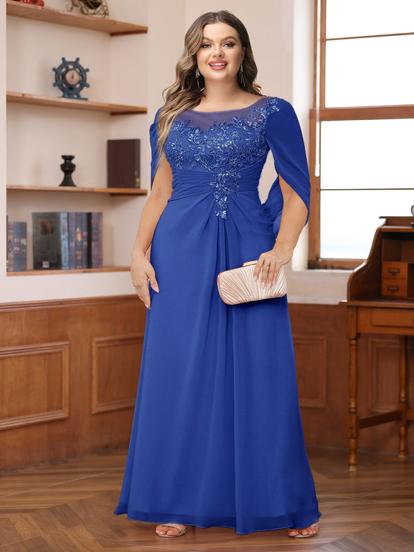 A-Line/Princess Illusion Scoop Appliques Ruched Plus Size Mother of the Bride Dresses with Cape