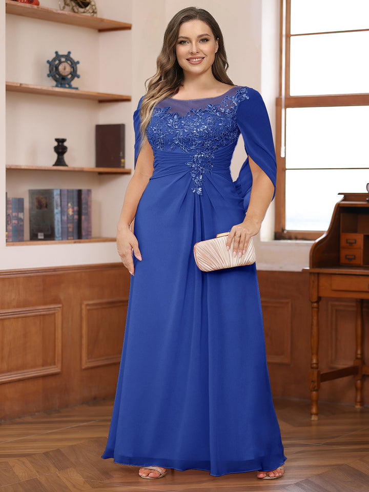 A-Line/Princess Illusion Scoop Appliques Ruched Plus Size Mother of the Bride Dresses with Cape