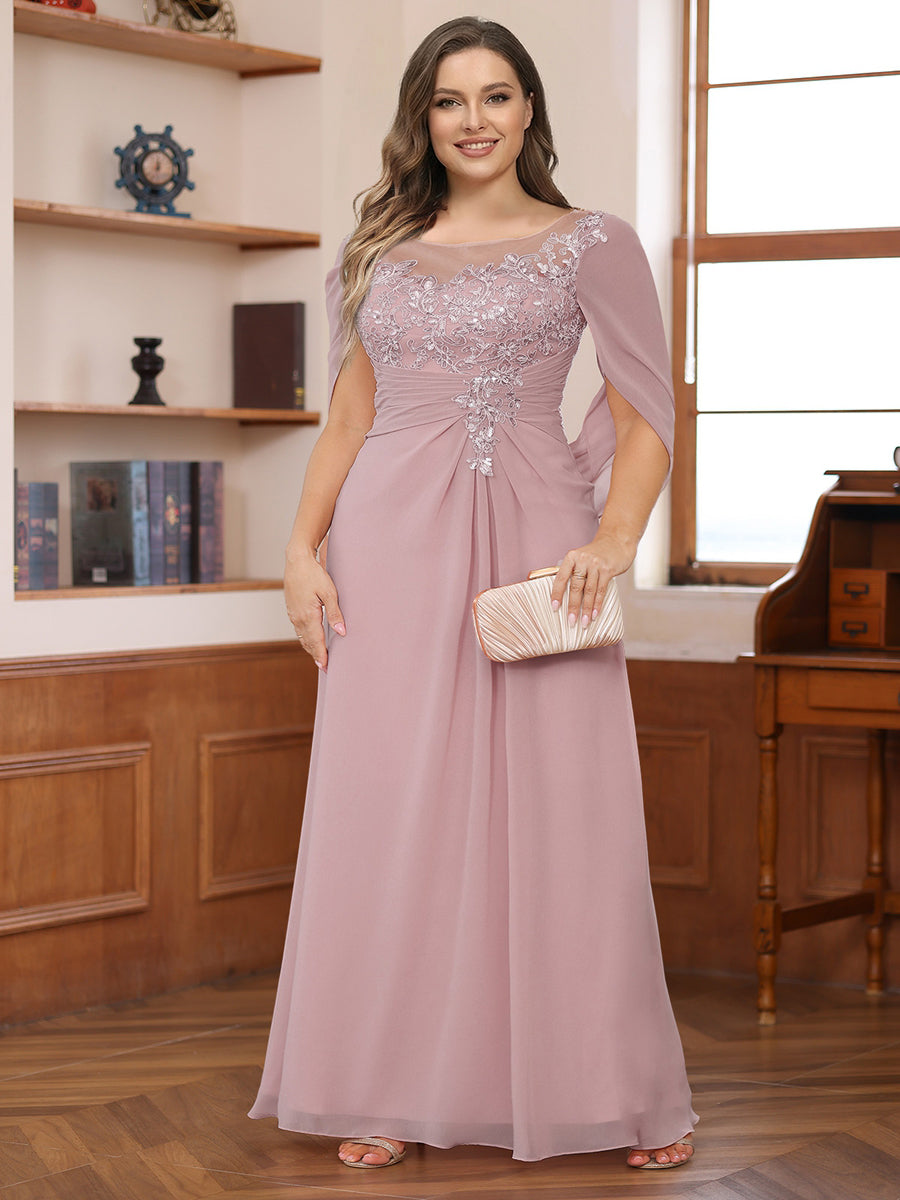 A-Line/Princess Illusion Scoop Appliques Ruched Plus Size Mother of the Bride Dresses with Cape