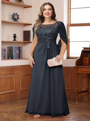 A-Line/Princess Illusion Scoop Appliques Ruched Plus Size Mother of the Bride Dresses with Cape