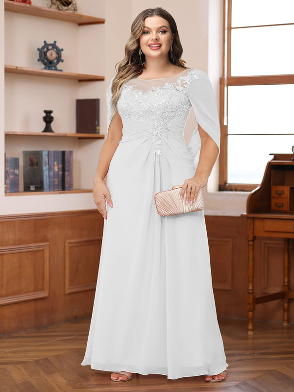 A-Line/Princess Illusion Scoop Appliques Ruched Plus Size Mother of the Bride Dresses with Cape