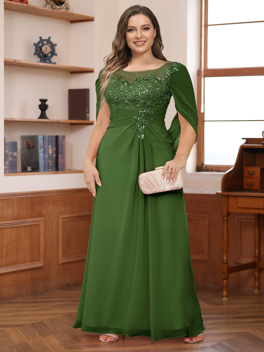 A-Line/Princess Illusion Scoop Appliques Ruched Plus Size Mother of the Bride Dresses with Cape
