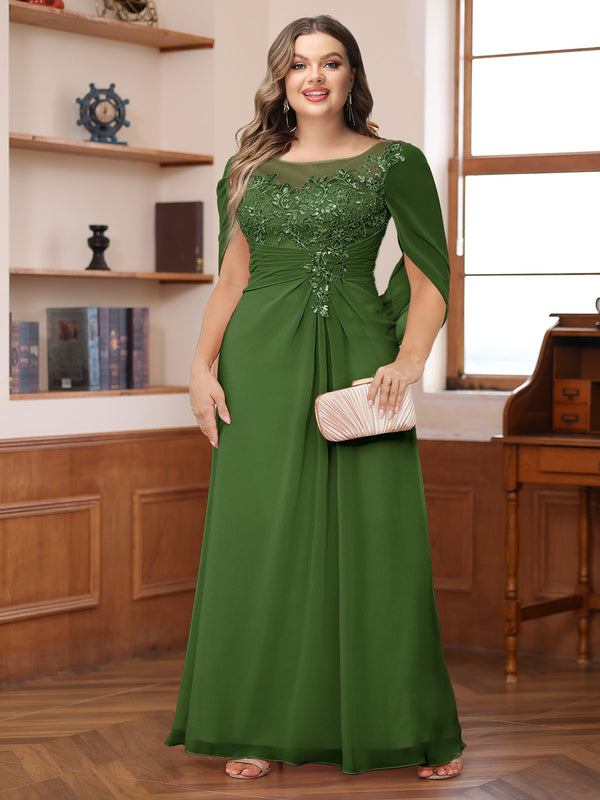 A-Line/Princess Illusion Scoop Appliques Ruched Plus Size Mother of the Bride Dresses with Cape