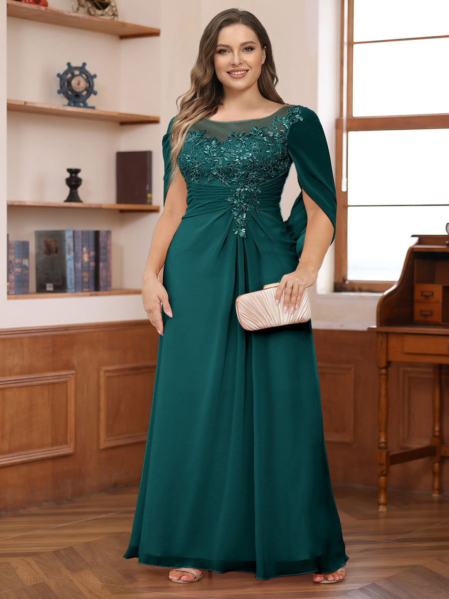 A-Line/Princess Illusion Scoop Appliques Ruched Plus Size Mother of the Bride Dresses with Cape
