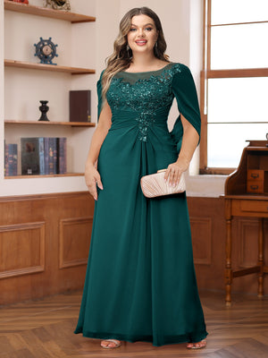 A-Line/Princess Illusion Scoop Appliques Ruched Plus Size Mother of the Bride Dresses with Cape