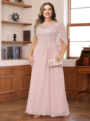 A-Line/Princess Illusion Scoop Appliques Ruched Plus Size Mother of the Bride Dresses with Cape