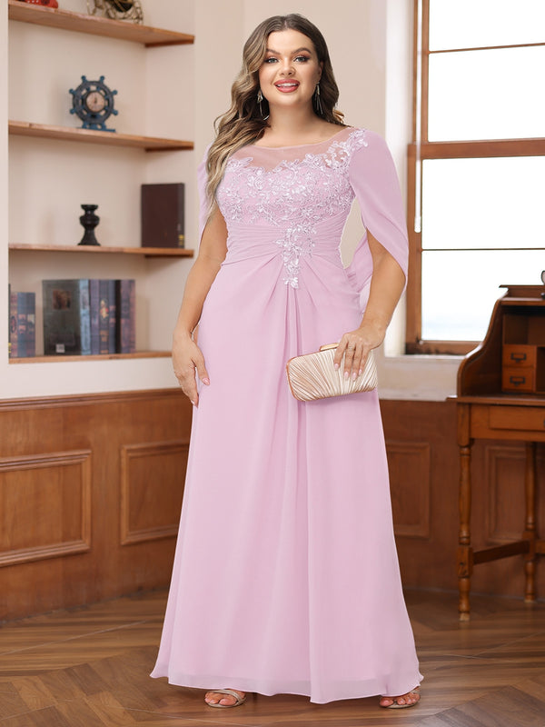 A-Line/Princess Illusion Scoop Appliques Ruched Plus Size Mother of the Bride Dresses with Cape
