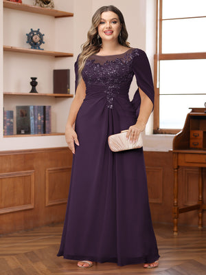 A-Line/Princess Illusion Scoop Appliques Ruched Plus Size Mother of the Bride Dresses with Cape