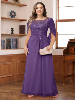 A-Line/Princess Illusion Scoop Appliques Ruched Plus Size Mother of the Bride Dresses with Cape