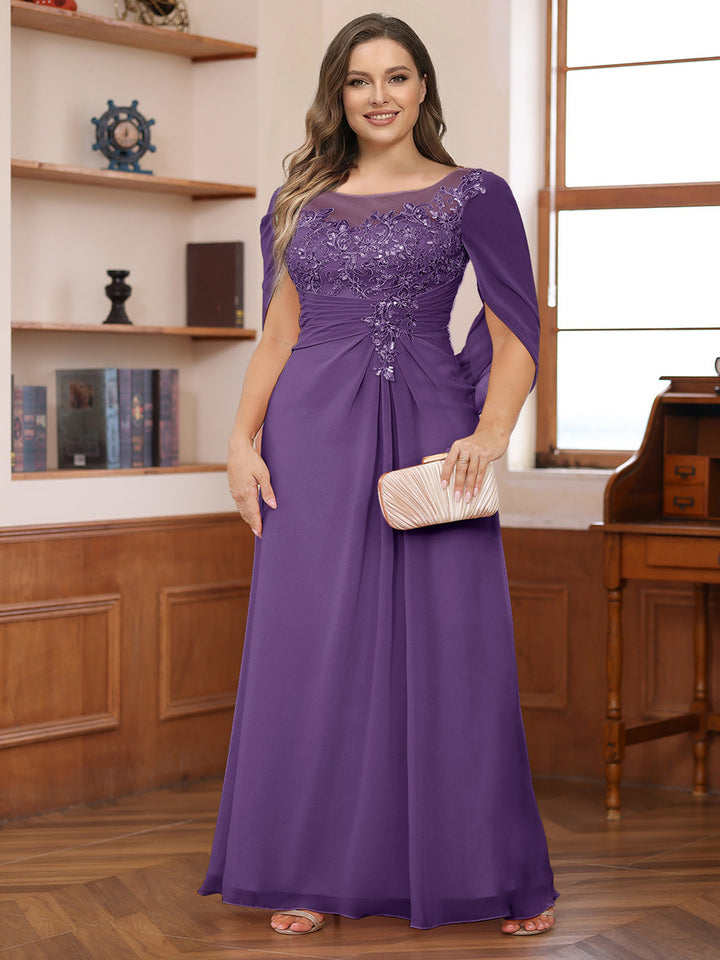 A-Line/Princess Illusion Scoop Appliques Ruched Plus Size Mother of the Bride Dresses with Cape