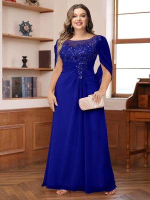 A-Line/Princess Illusion Scoop Appliques Ruched Plus Size Mother of the Bride Dresses with Cape