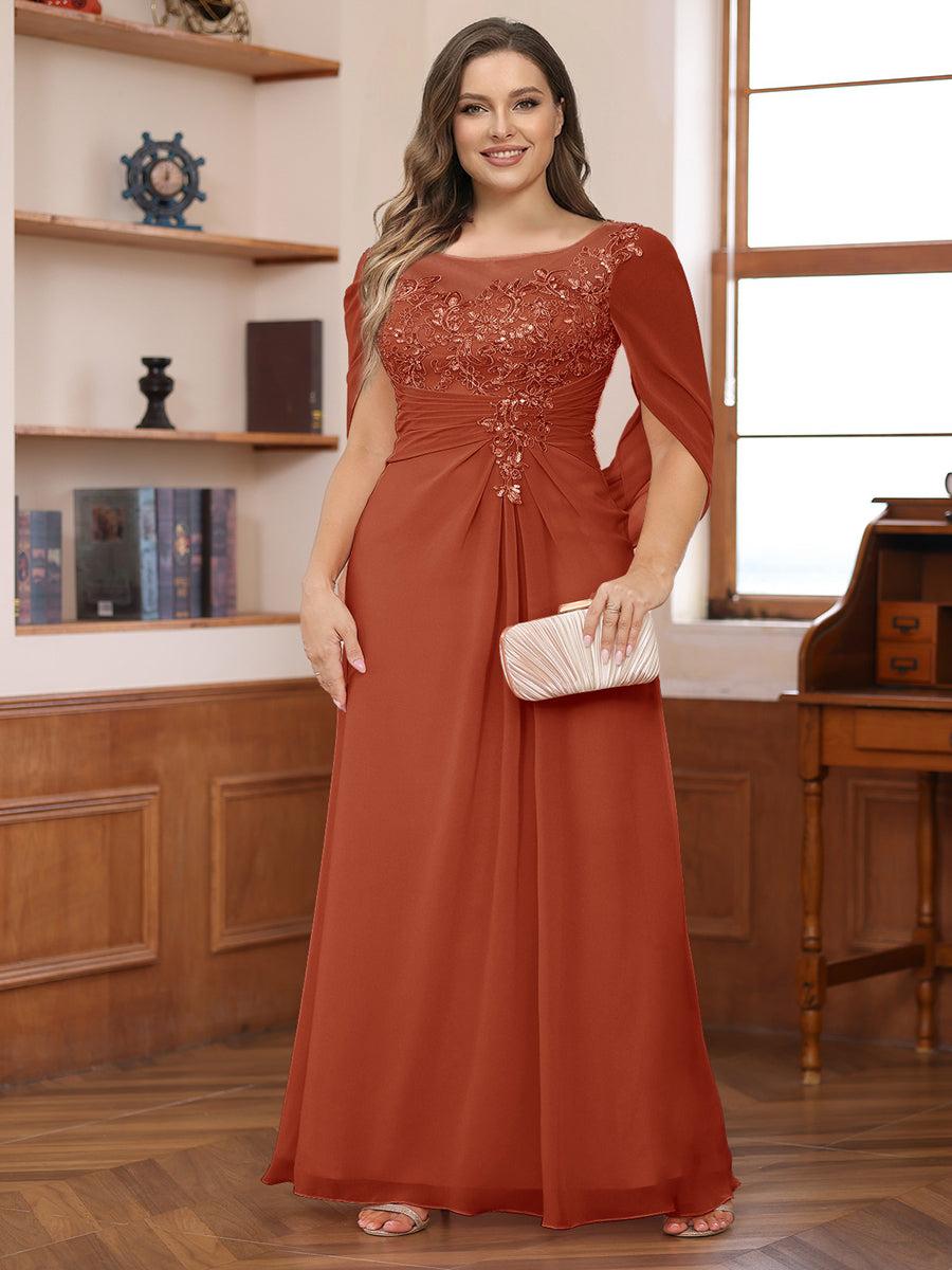 A-Line/Princess Illusion Scoop Appliques Ruched Plus Size Mother of the Bride Dresses with Cape