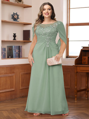 A-Line/Princess Illusion Scoop Appliques Ruched Plus Size Mother of the Bride Dresses with Cape