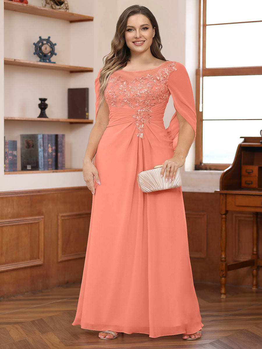 A-Line/Princess Illusion Scoop Appliques Ruched Plus Size Mother of the Bride Dresses with Cape